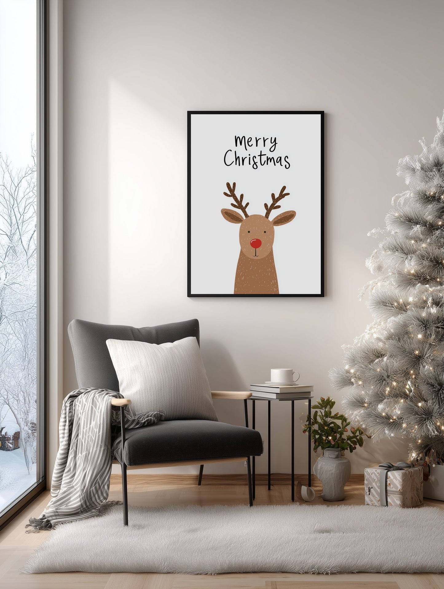 Framed 'Merry Christmas' print with a reindeer illustration in a living room setting.