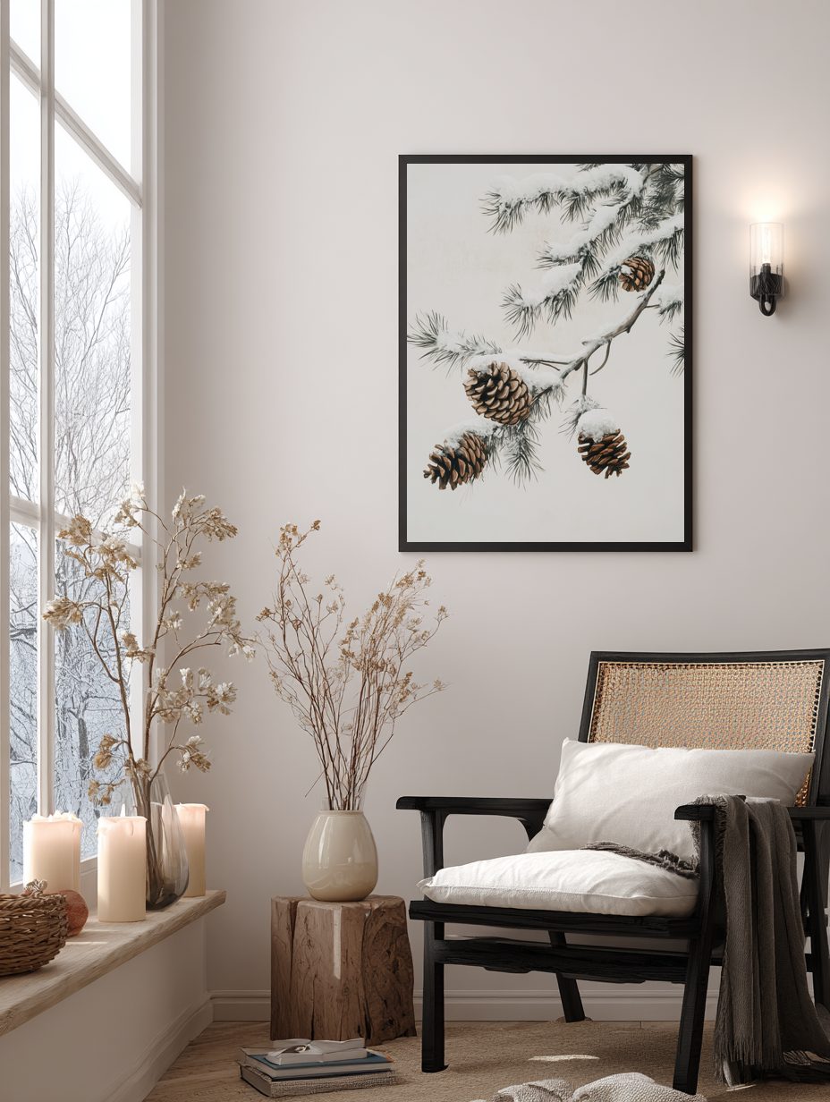 Snowy Pinecones Branch Poster