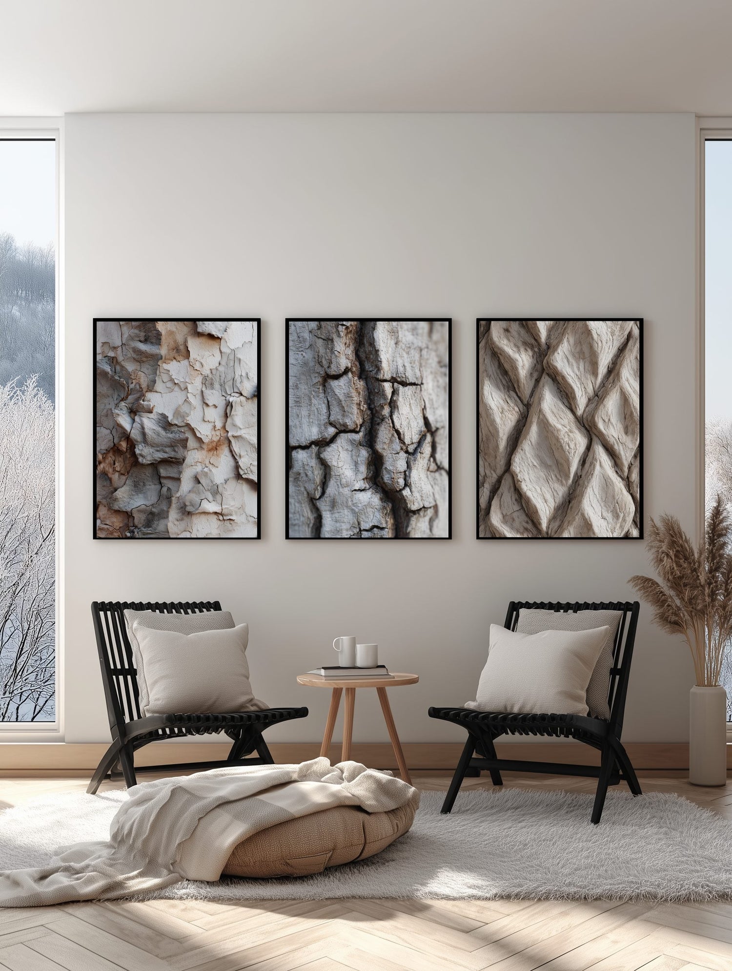 Scandinavian wood texture posters gallery wall in neutral beige and brown tones modern Nordic living room interior