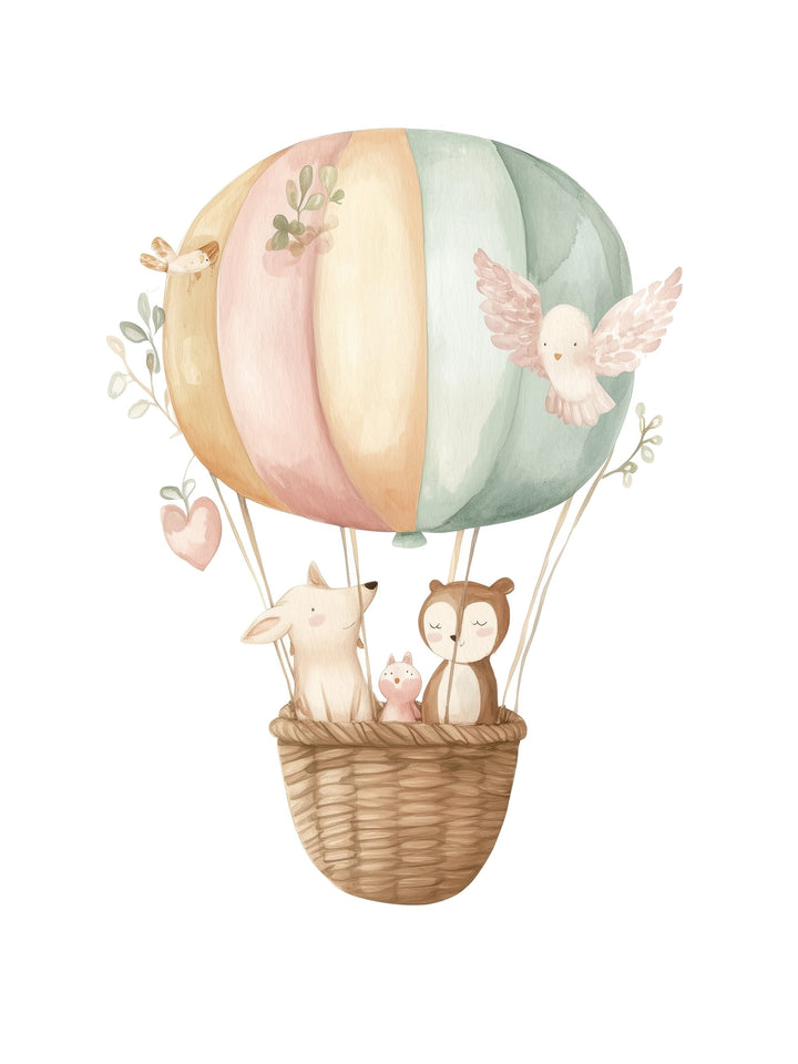 hot air balloon animal kids wall art - playful poster for nursery or children's room