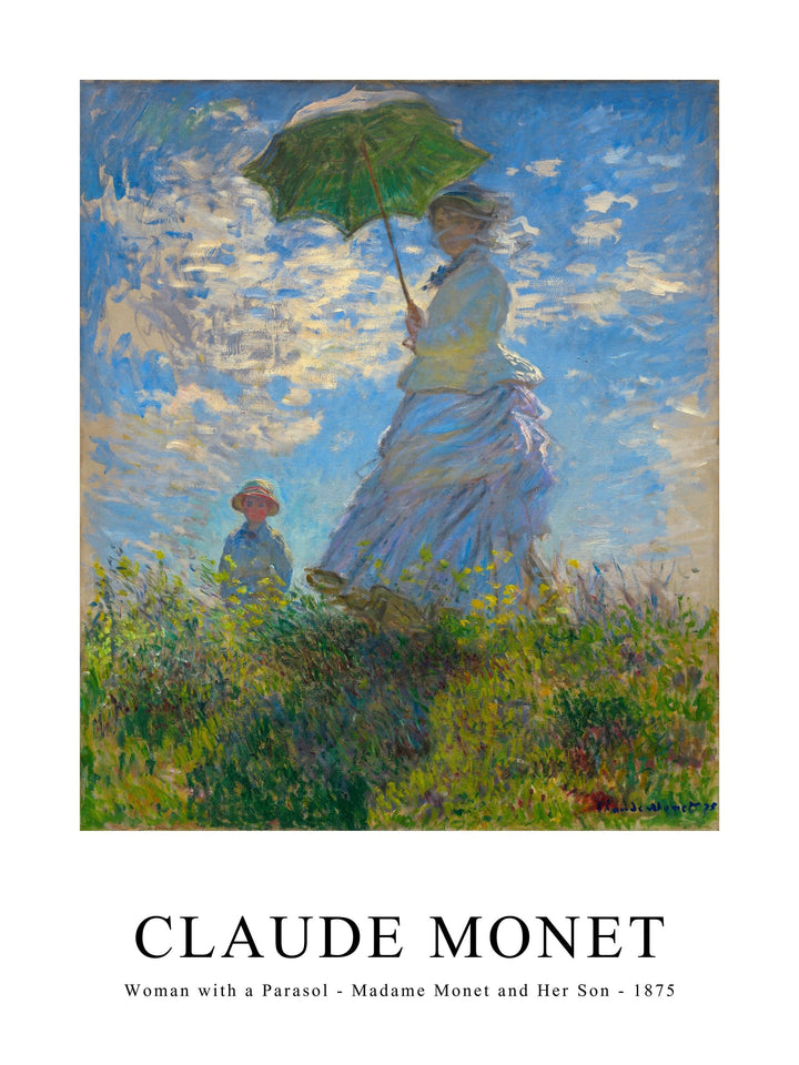 Poster of Monet's Woman with a Parasol showing Madame Monet and her son in a breezy field under a bright sky.