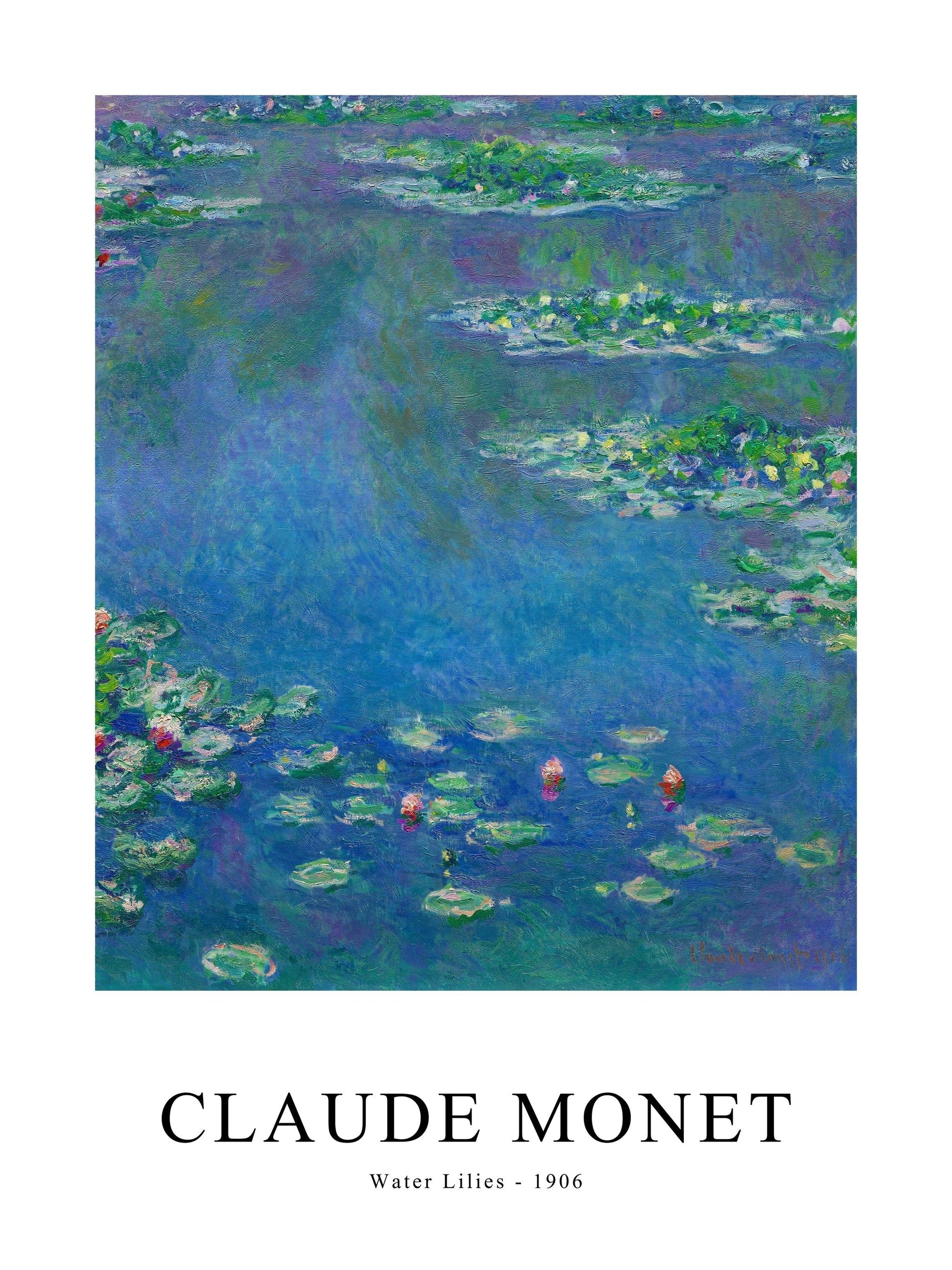 Water Lilies poster by Monet showing floating lily pads and blue water reflections from 1906.