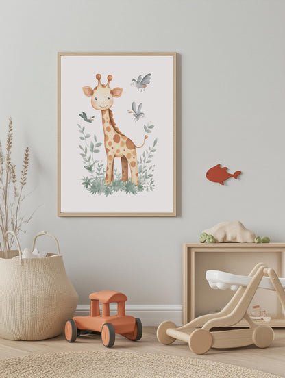 Giraffe and Birds Safari Poster