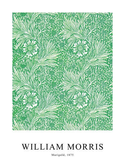 Green version of Marigold poster by William Morris, with intricate botanical patterns in vibrant green.