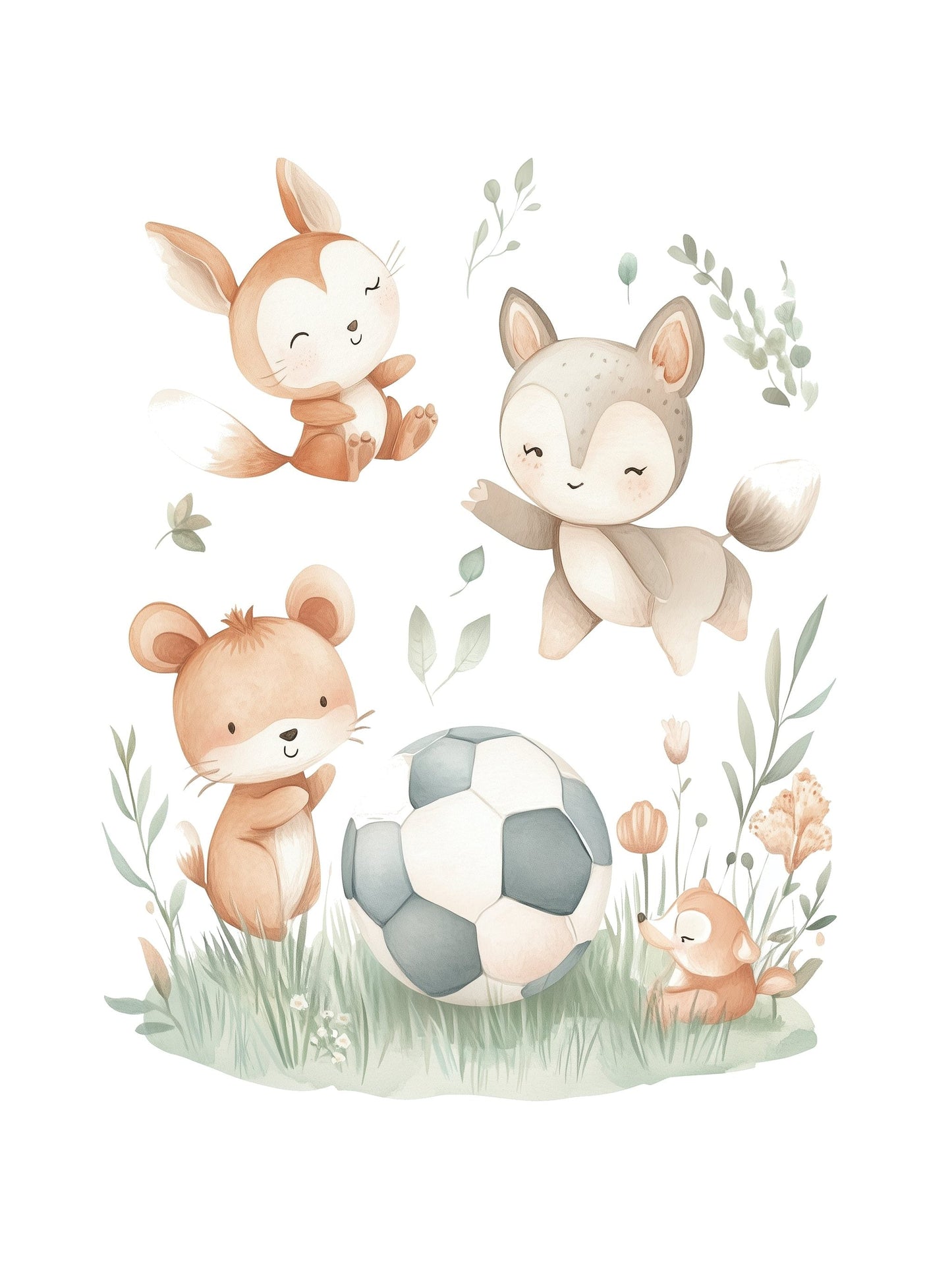 forest animal soccer kids wall art - playful poster for nursery or children's room
