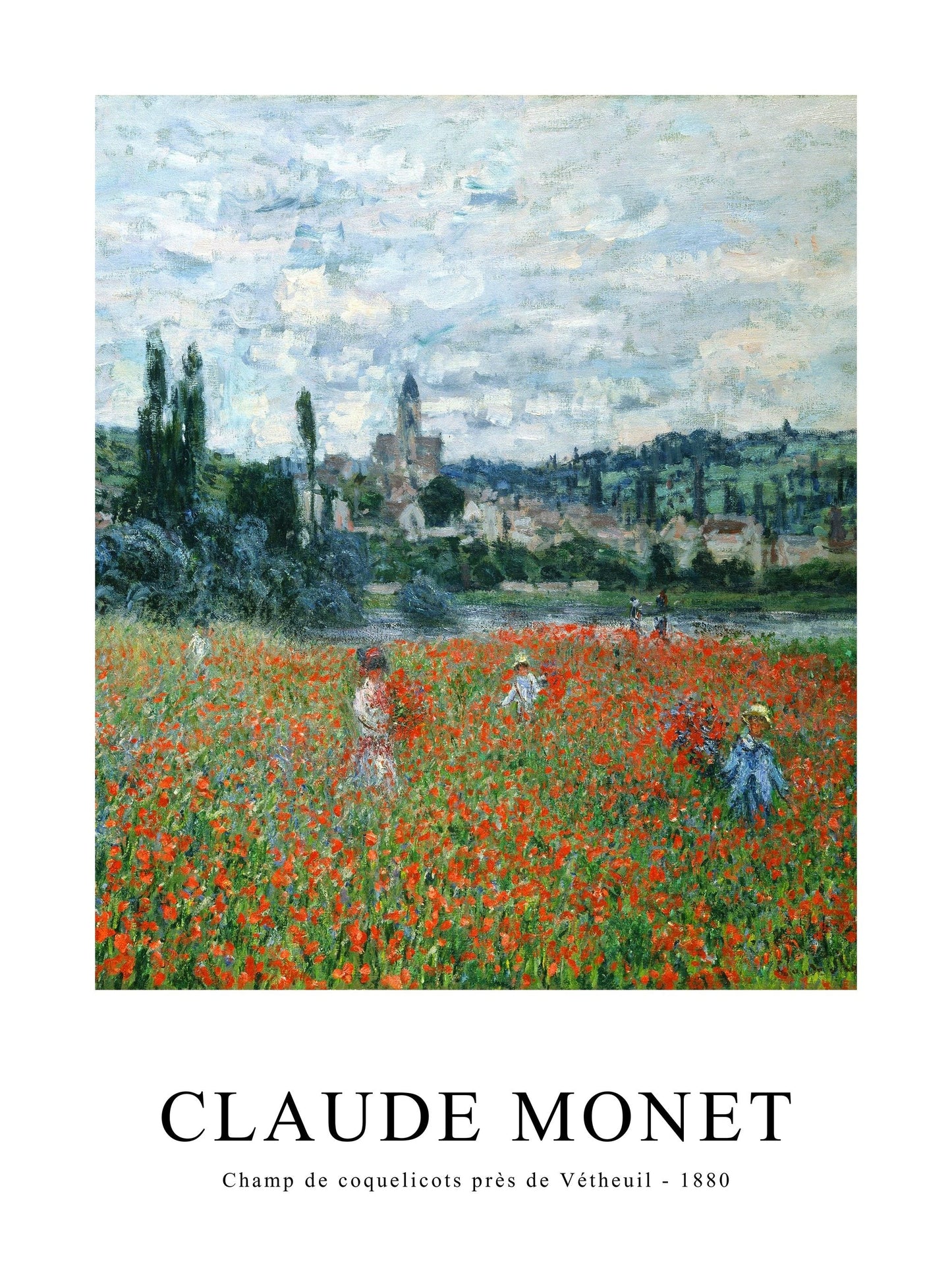 Poster of Champ de coquelicots près de Vétheuil by Monet, with red poppies and a French village backdrop.