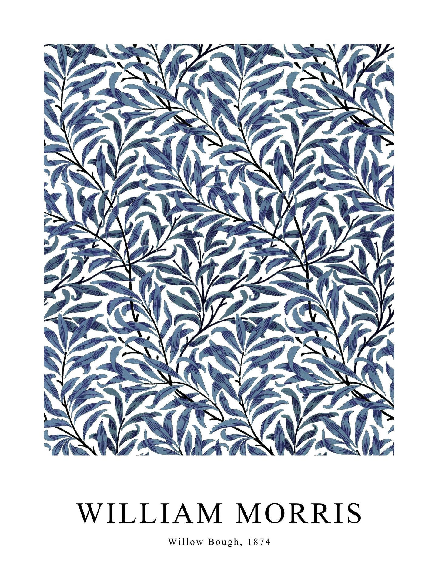 Blue variation of Willow Bough poster by William Morris, showcasing cool-toned leafy branches.
