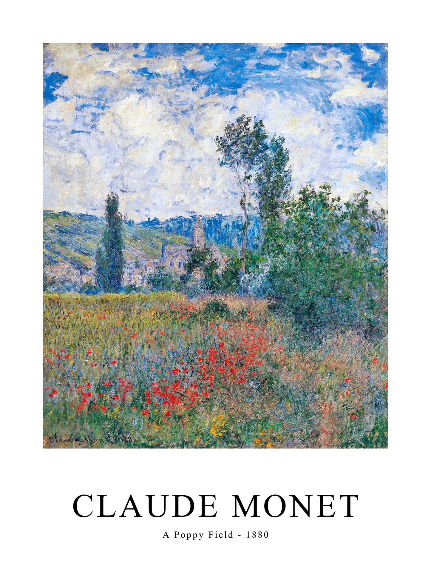 A Poppy Field poster by Claude Monet, filled with wildflowers and a soft blue sky.
