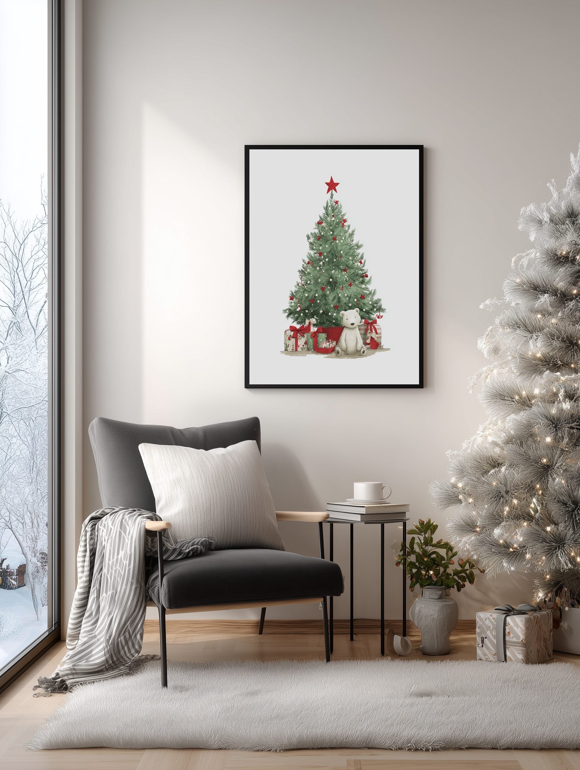 Living room with a Christmas tree painting on the wall, a gray armchair, and a decorated Christmas tree.