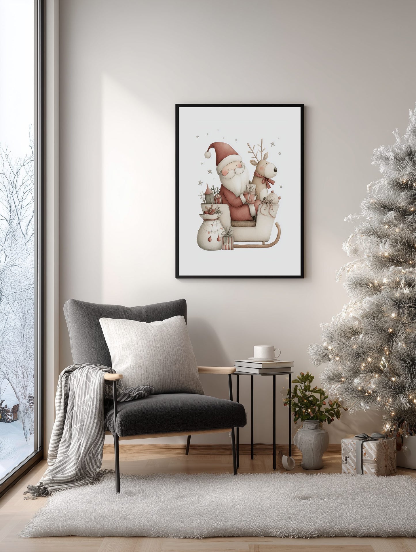 Framed artwork of Santa Claus on a sleigh with reindeer above a gray armchair in a room with a Christmas tree.