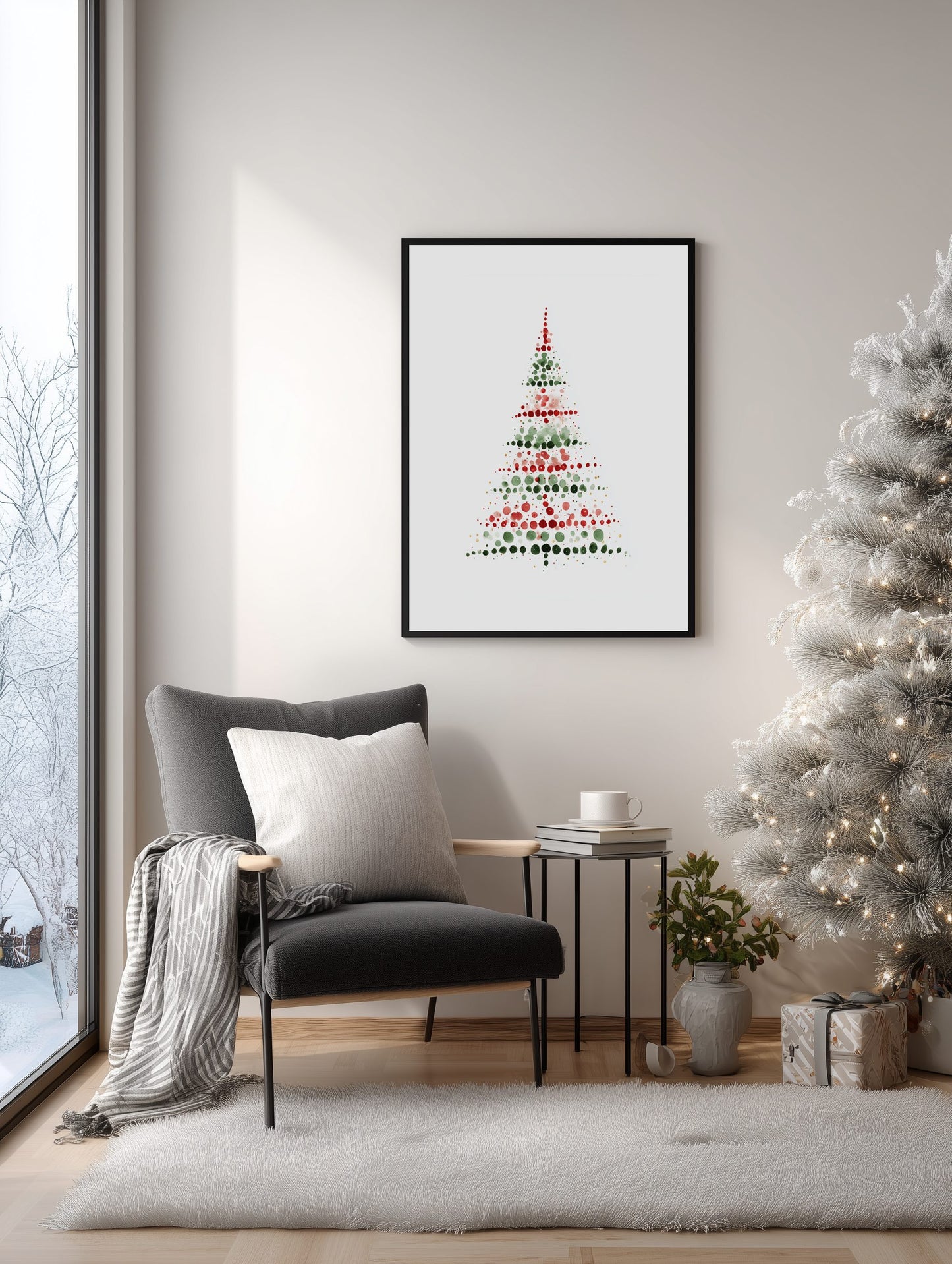 Living room with a Christmas tree, chair, and framed artwork on the wall.