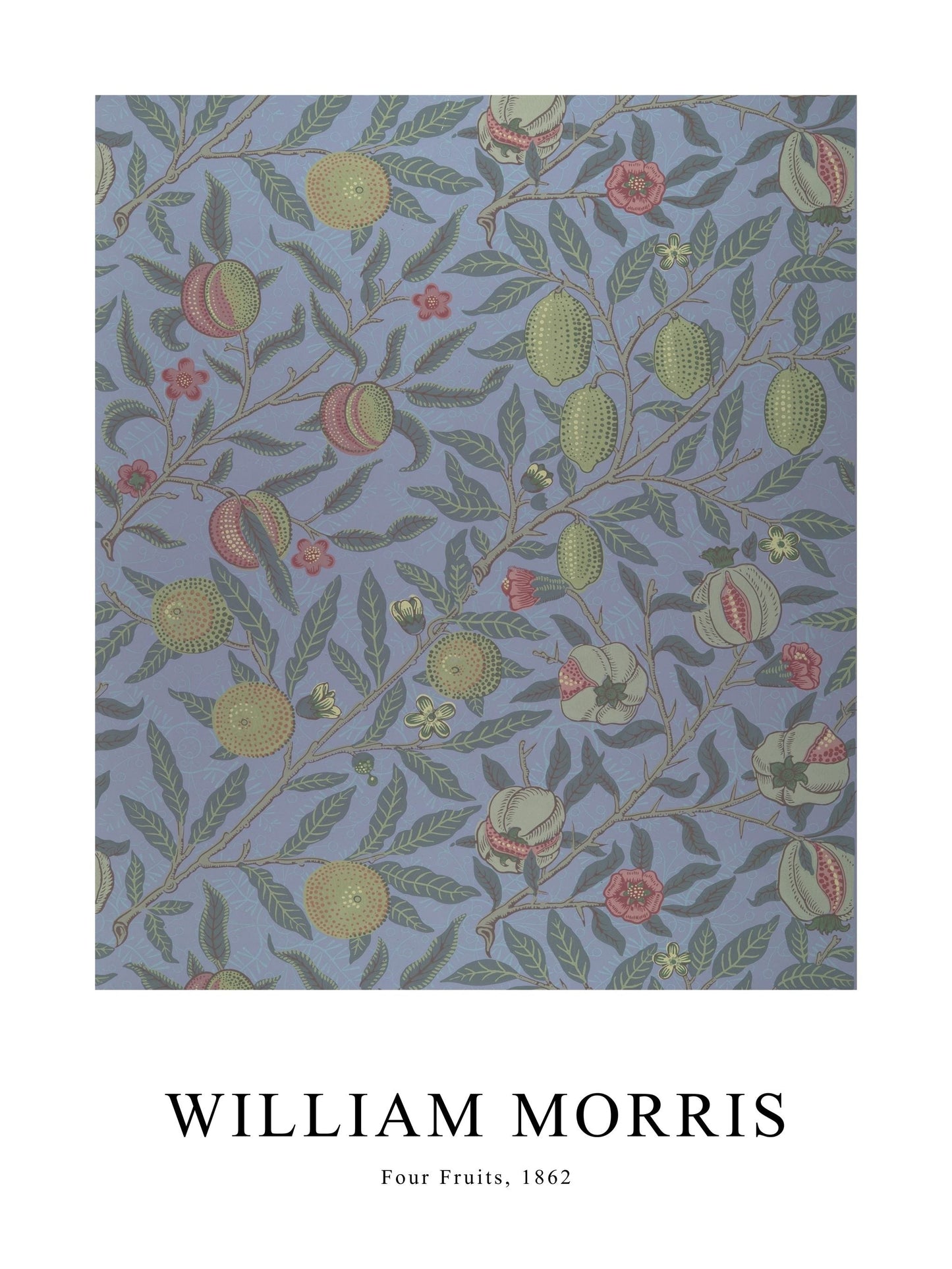 Poster of Four Fruits by William Morris, showing various fruits and leaves on soft blue background.