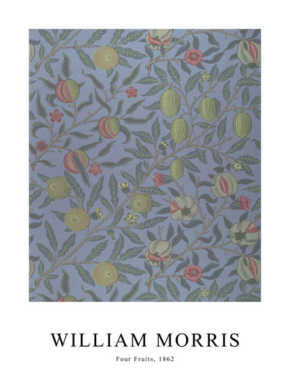 Poster of Four Fruits by William Morris, showing various fruits and leaves on soft blue background.