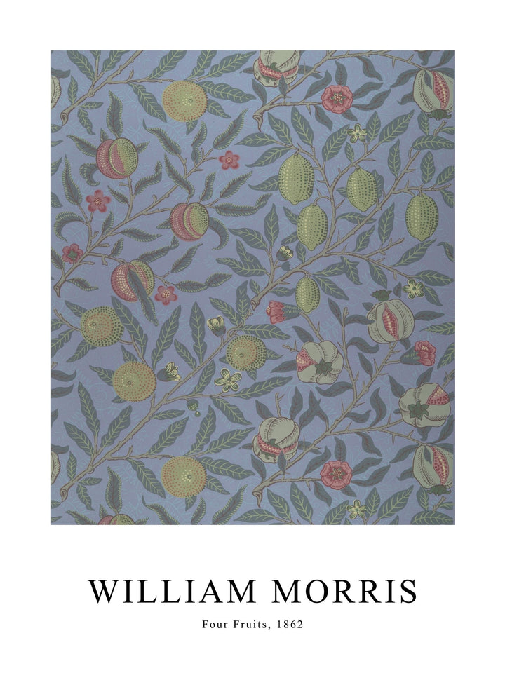 Poster of Four Fruits by William Morris, showing various fruits and leaves on soft blue background.