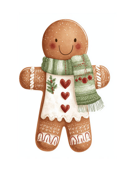 Gingerbread man toy with a green scarf on a white background