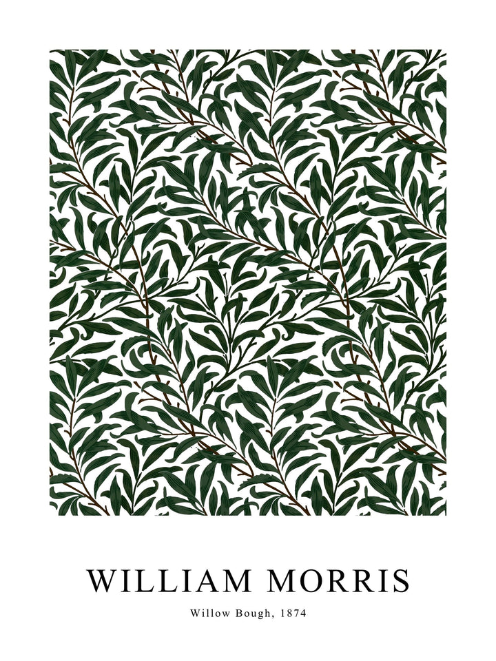 Poster of Willow Bough by William Morris in dark green, featuring dense leafy patterns.