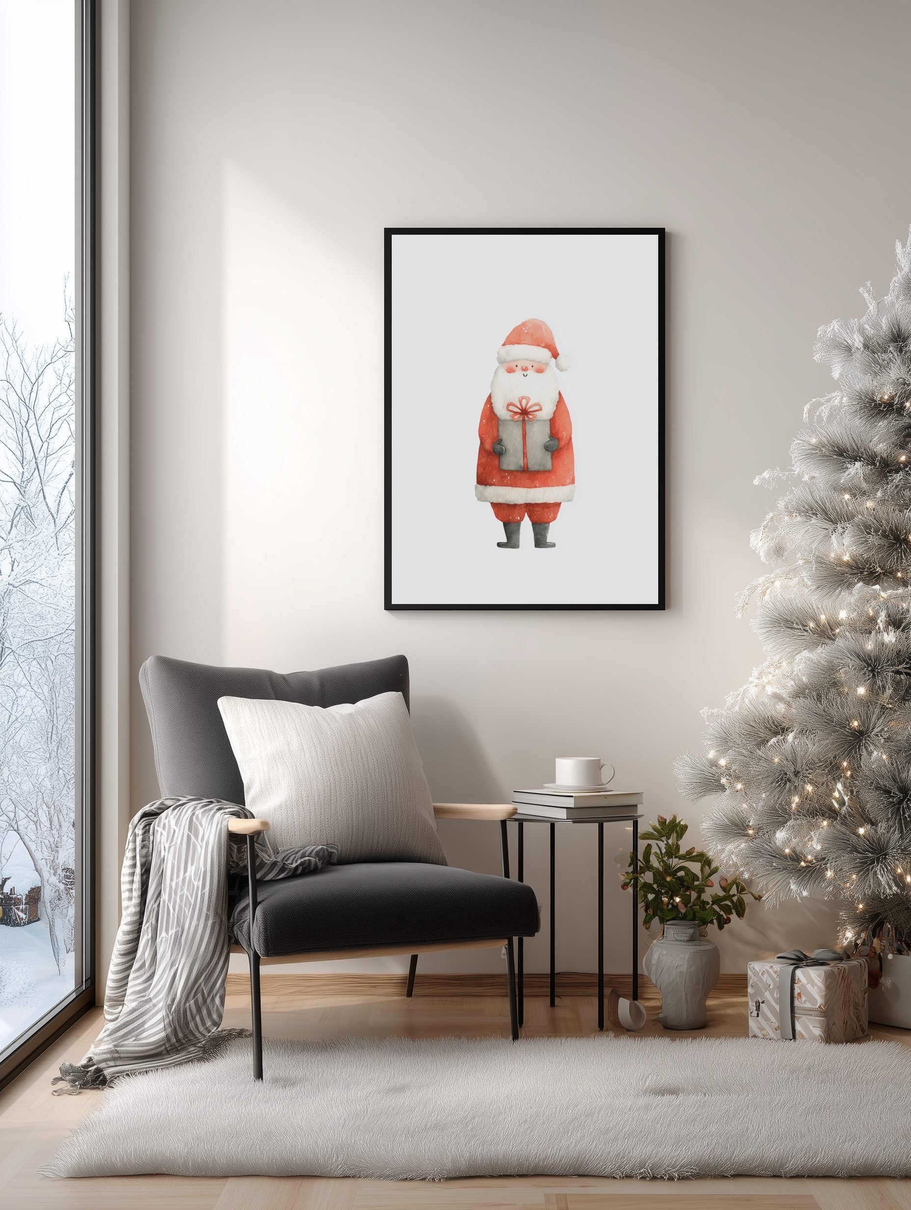 Framed artwork of a Santa Claus print on a wall in a living room with a Christmas tree.