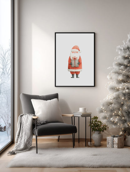 Framed artwork of a Santa Claus print on a wall in a living room with a Christmas tree.