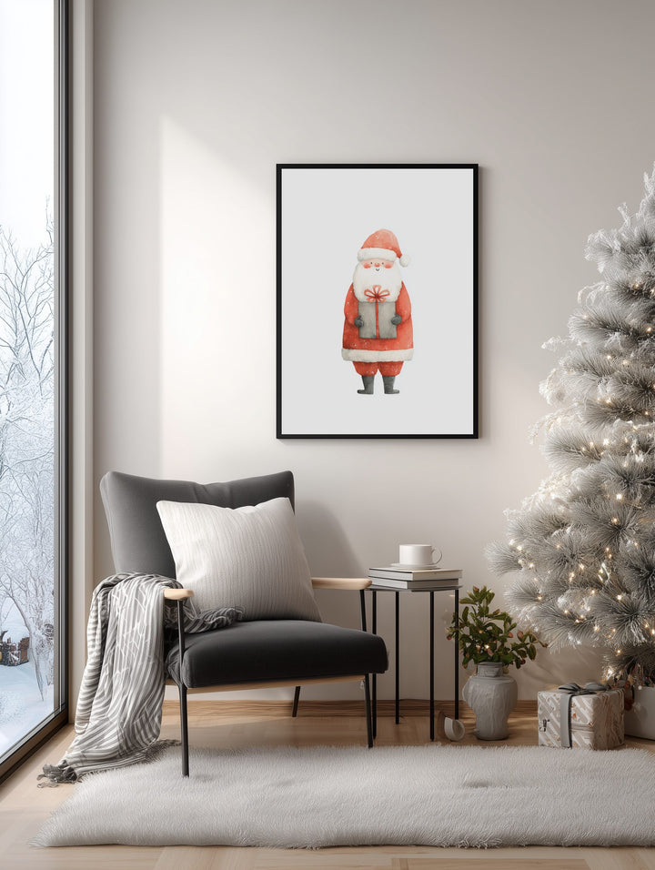 Framed artwork of a Santa Claus print on a wall in a living room with a Christmas tree.