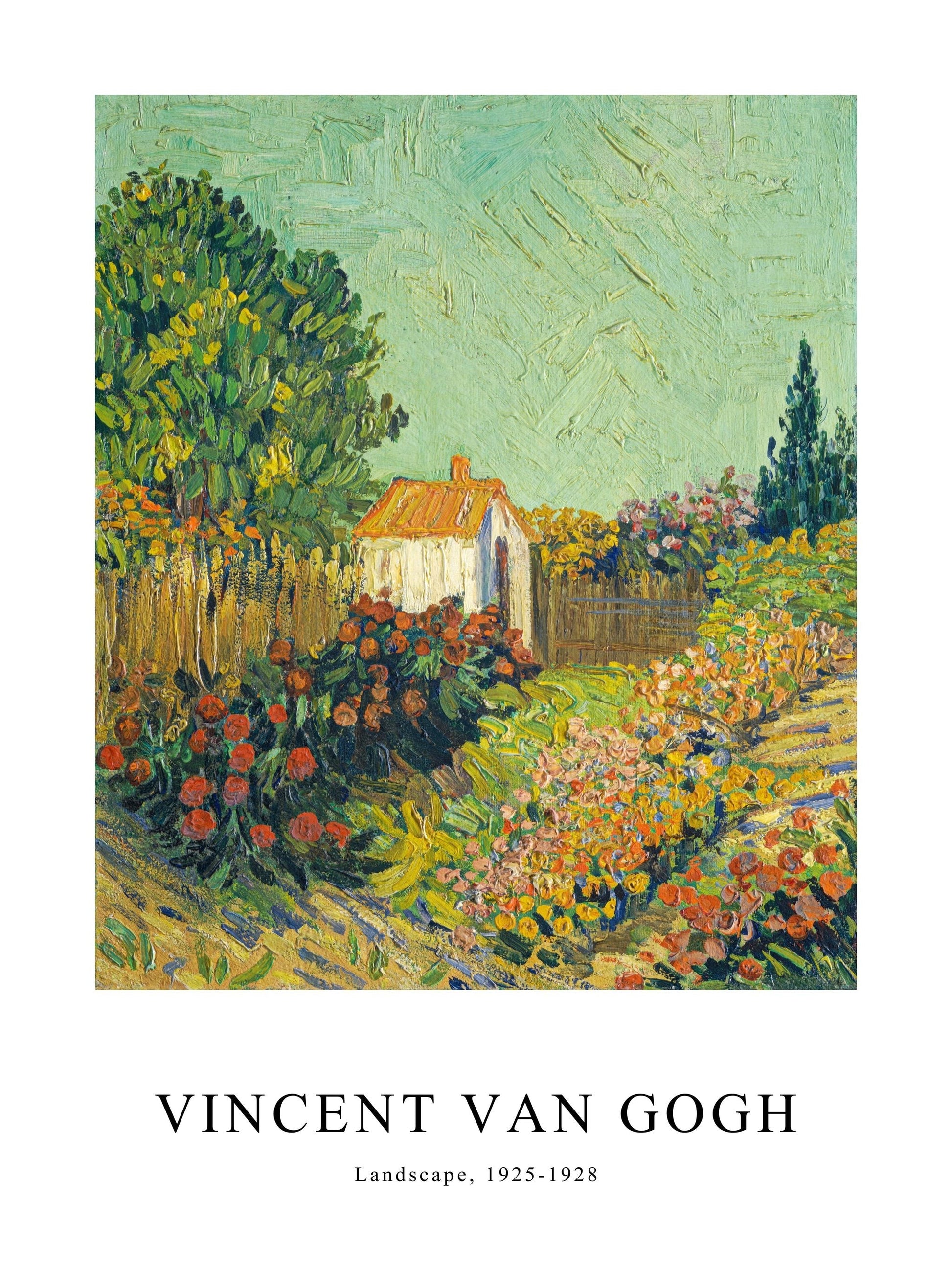 Poster of a countryside landscape with flowers and a house, inspired by Van Gogh's style.