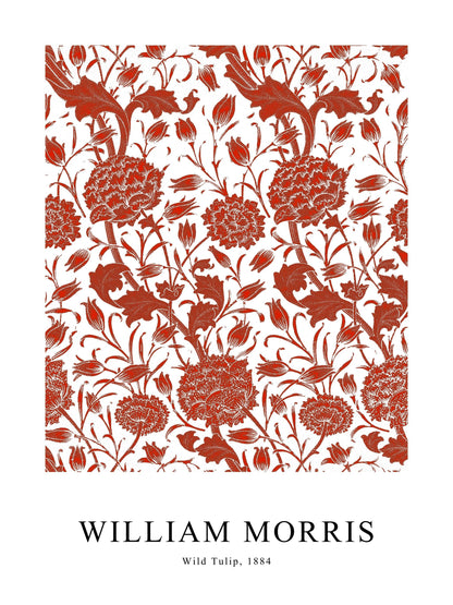 Rust red Wild Tulip poster by William Morris, showing classic floral detailing on a white background.