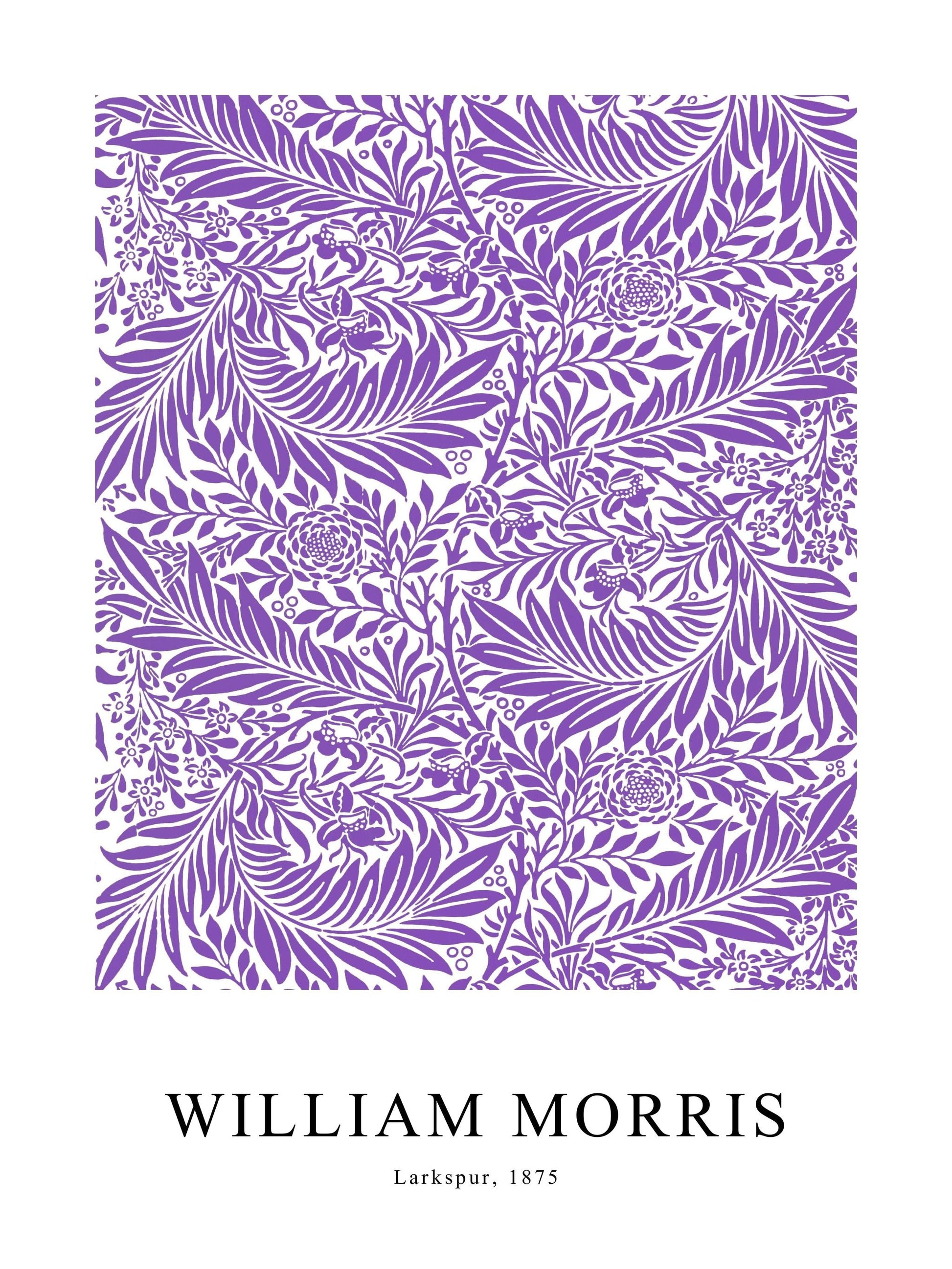 Purple Larkspur poster by William Morris, with detailed floral designs on a white background.