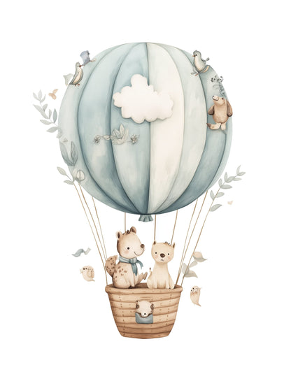 blue hot air balloon animal kids wall art - playful poster for nursery or children's room