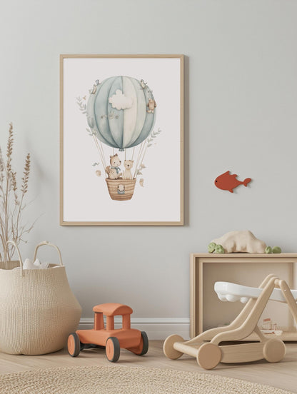 Blue Hot Air Balloon Animal Poster