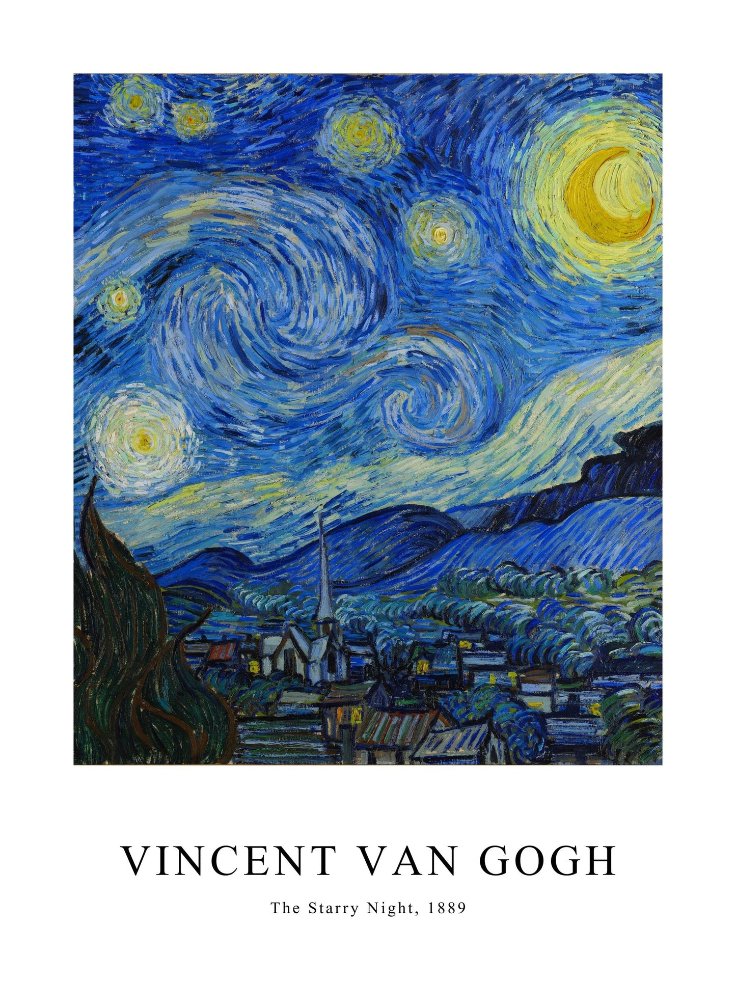 Poster of Van Gogh's The Starry Night, showing a swirling night sky above a quiet town.