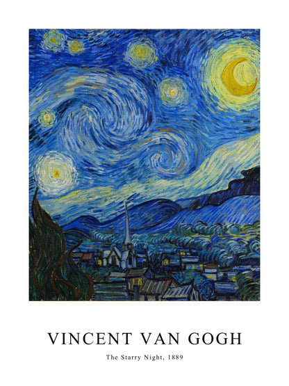 Poster of Van Gogh's The Starry Night, showing a swirling night sky above a quiet town.
