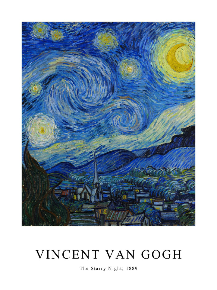 Poster of Van Gogh's The Starry Night, showing a swirling night sky above a quiet town.