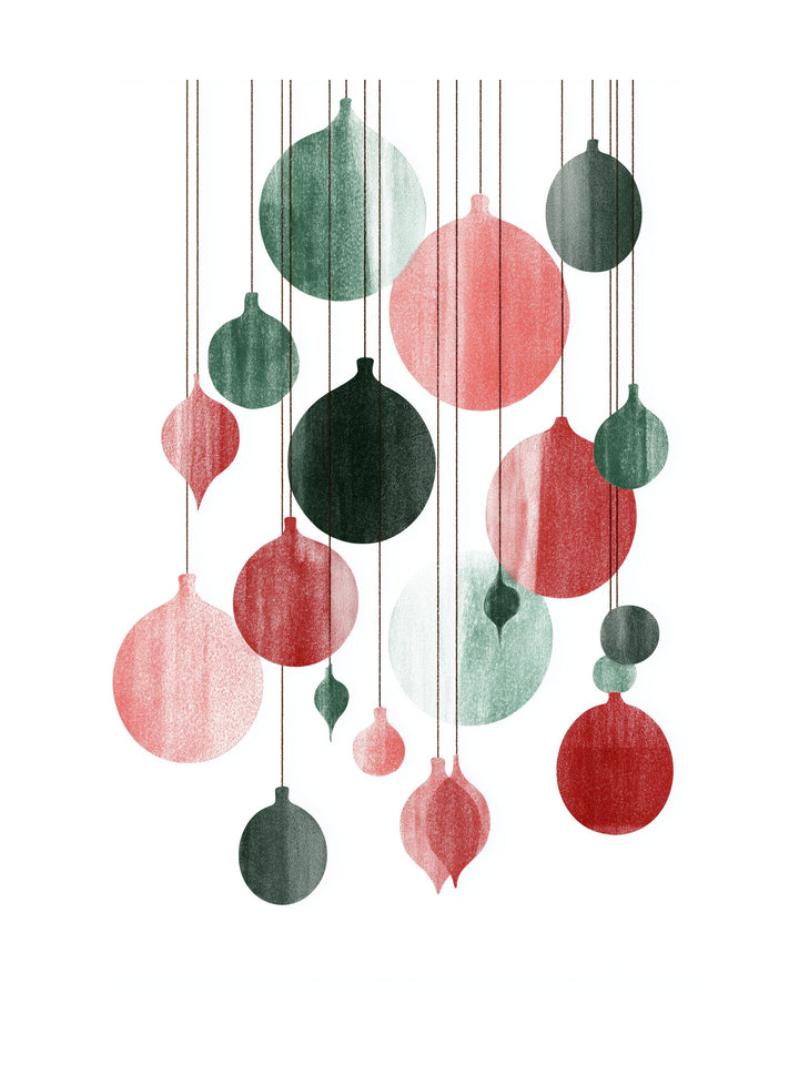 Decorative hanging ornaments in red and green on a white background