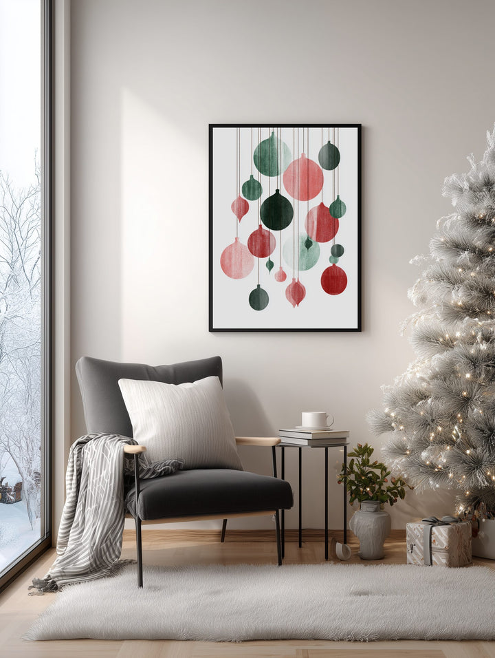 Framed artwork of colorful Christmas ornaments in a living room with a decorated tree.