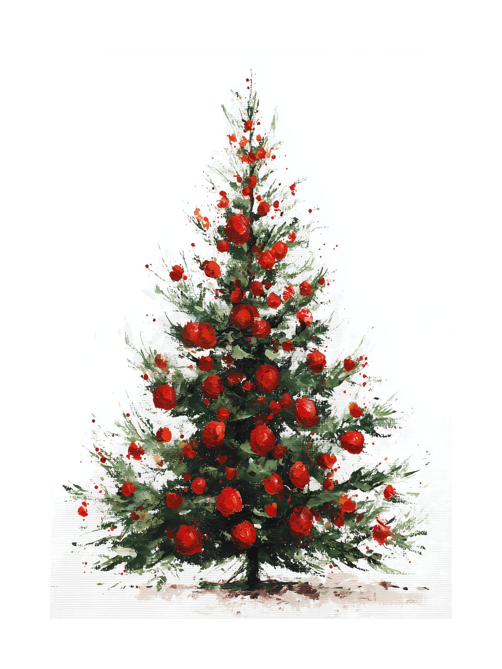 Decorated Christmas tree with red ornaments on a white background