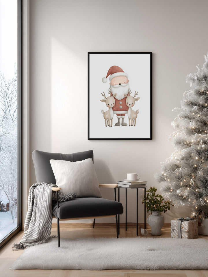 Framed artwork of Santa Claus with reindeer in a living room with a Christmas tree.