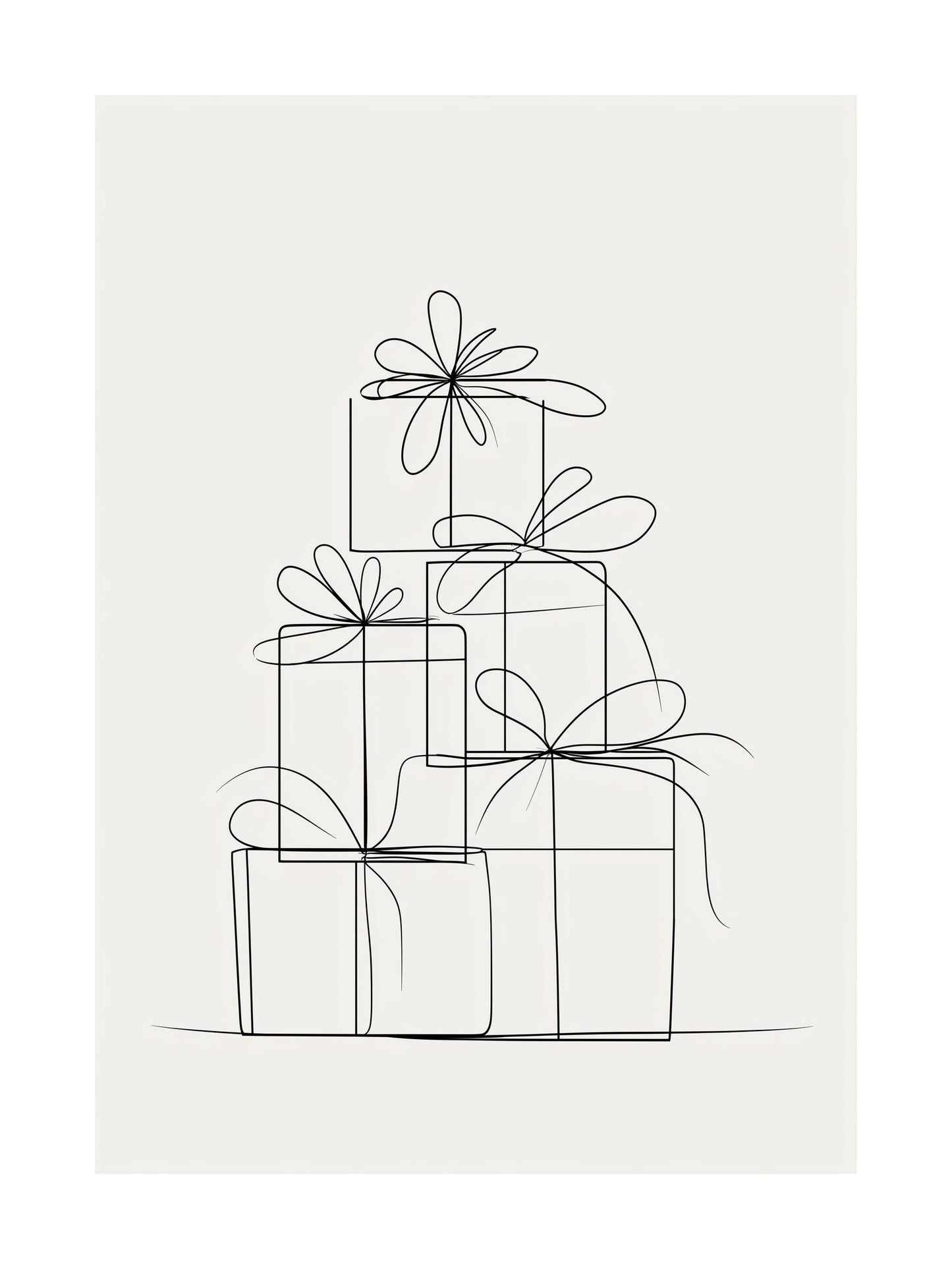 Minimalist Christmas gift stack line art poster with bows in soft beige tones