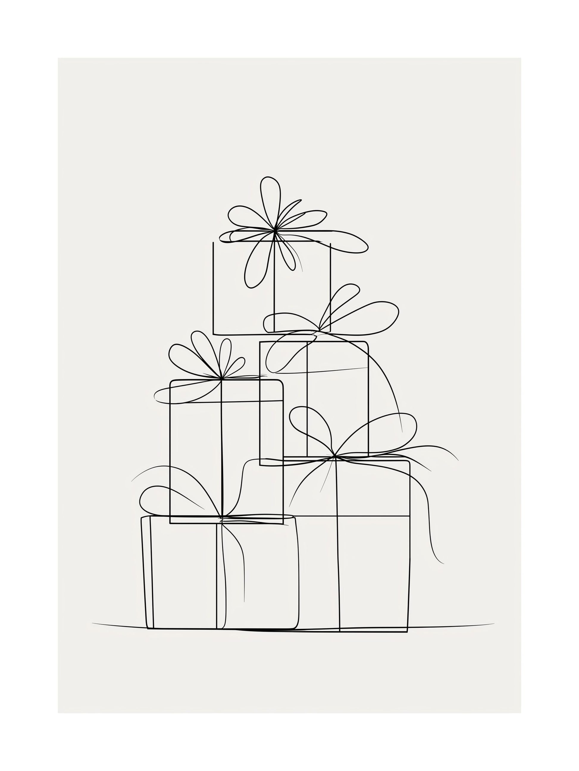 Minimalist Christmas gift stack line art poster with bows in soft beige tones
