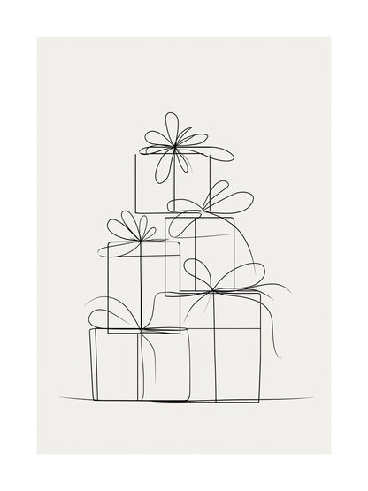 Minimalist Christmas gift stack line art poster with bows in soft beige tones