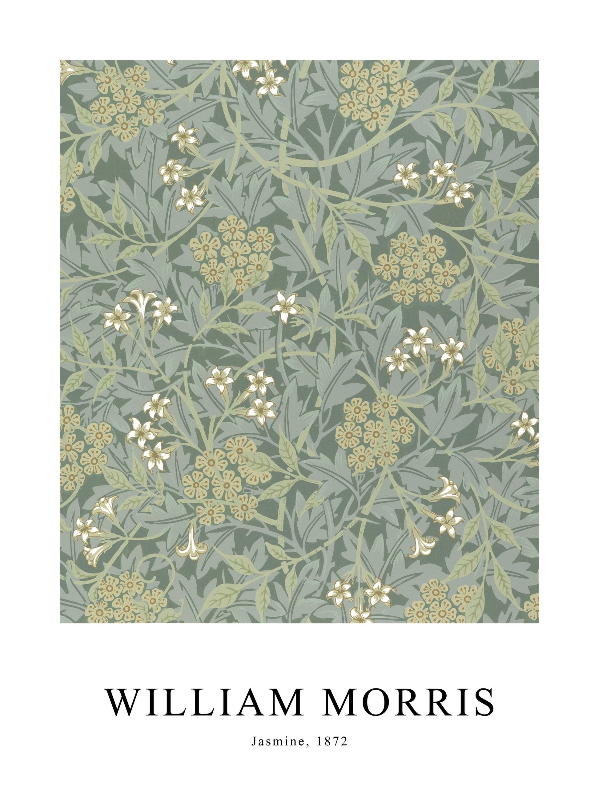 Poster of Jasmine by William Morris, featuring green and cream floral vines and blossoms.