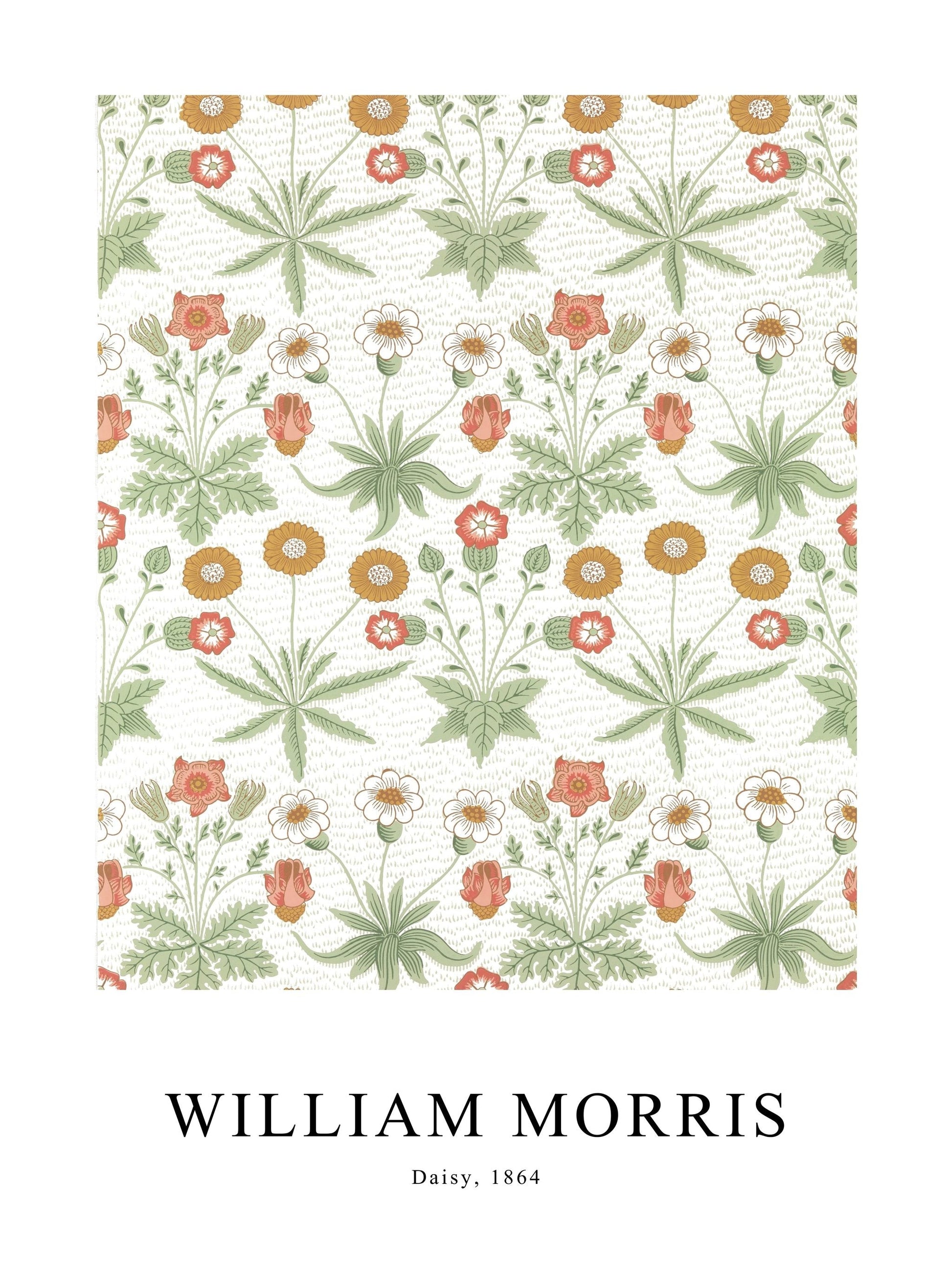 Poster of Daisy by William Morris, with colorful and symmetrical wildflower arrangements.