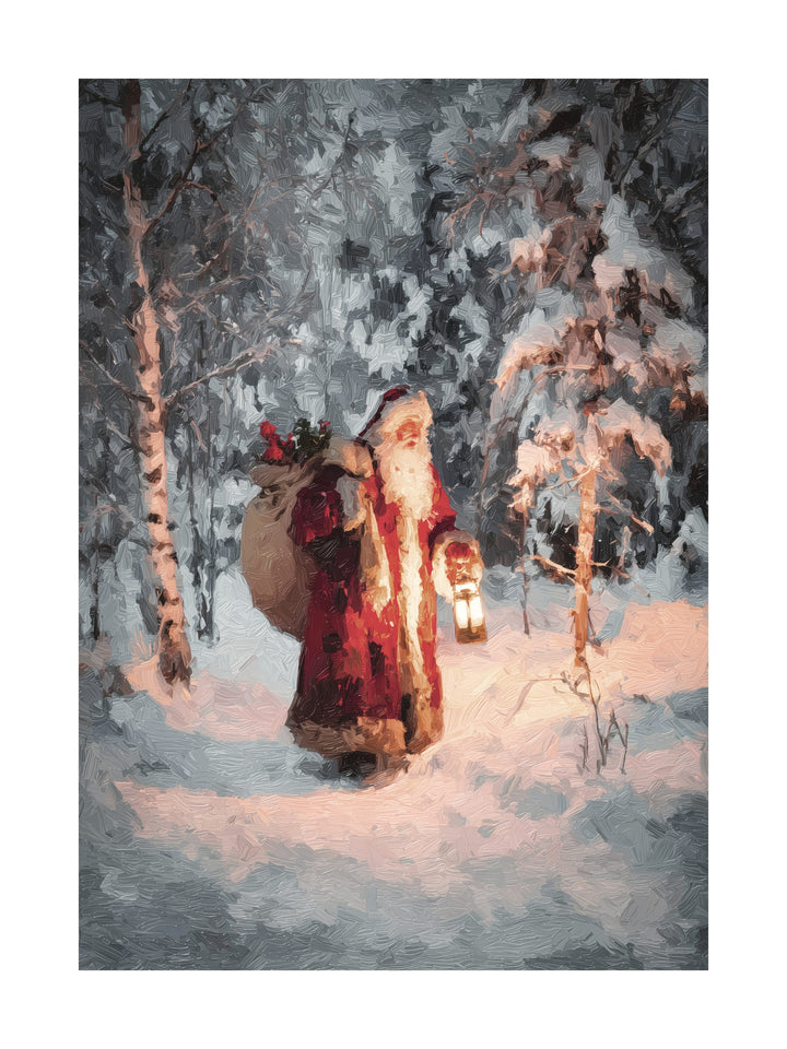 Vintage painting of Santa carrying gifts and lantern in snowy winter forest
