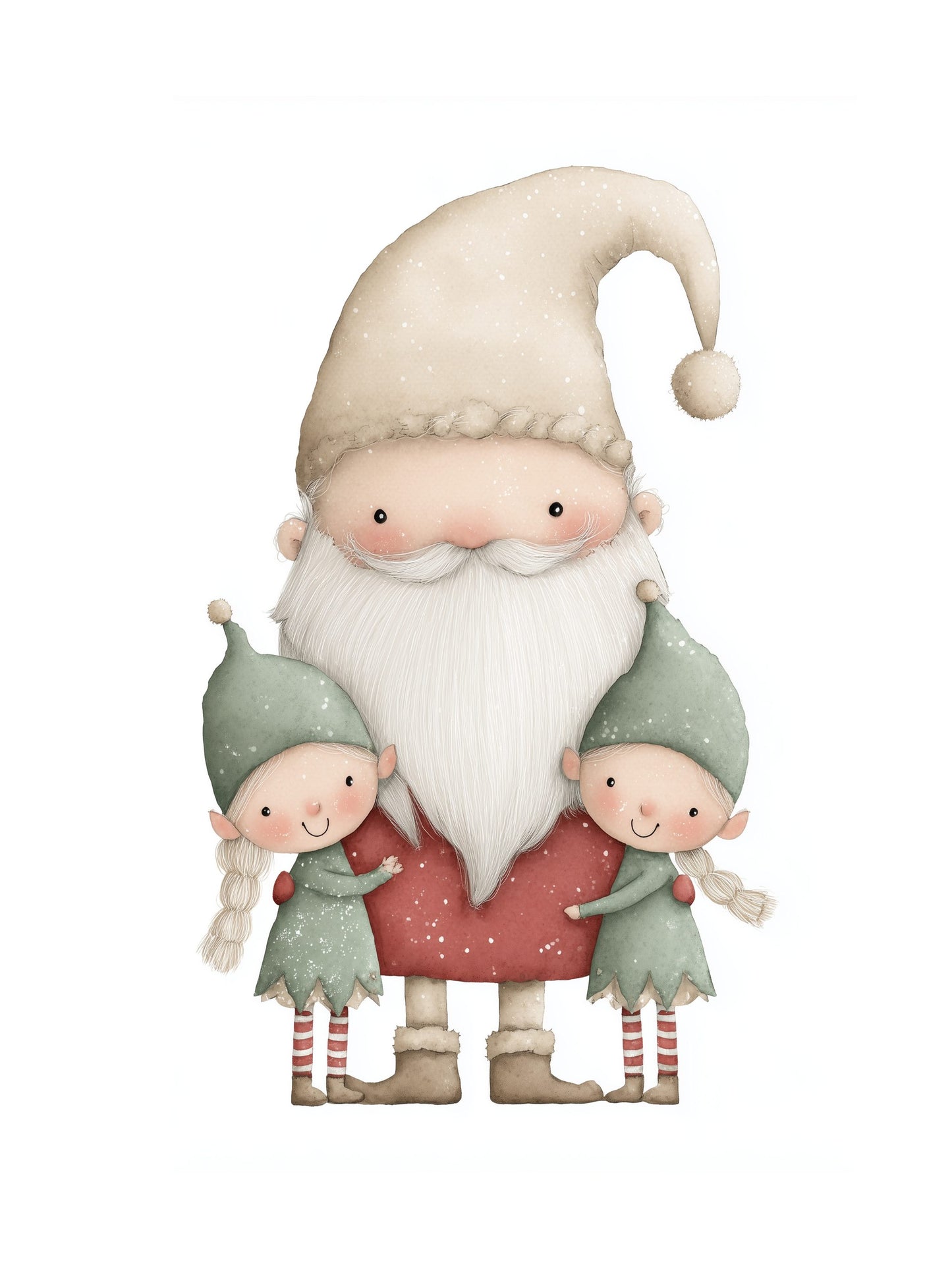 Cartoon Santa Claus holding a heart with two elves on a white background