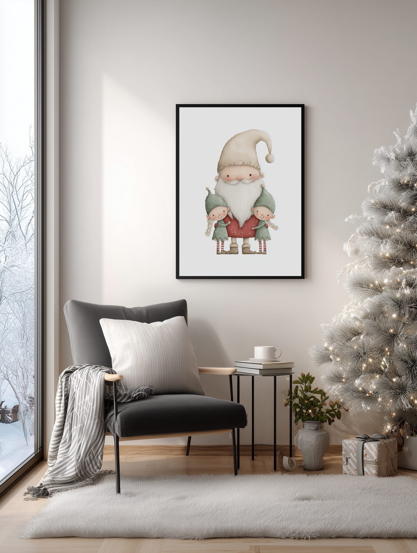 Framed artwork of a gnome on a wall in a cozy living room with a Christmas tree.