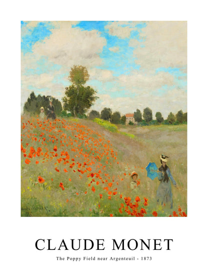 Poster of Claude Monet's 'The Poppy Field near Argenteuil 1873' showing figures walking through a vibrant poppy-filled meadow under a partly cloudy sky.