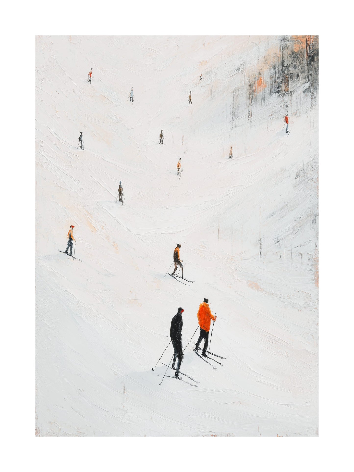 Vintage painting of skiers on a snowy slope wearing winter clothes.