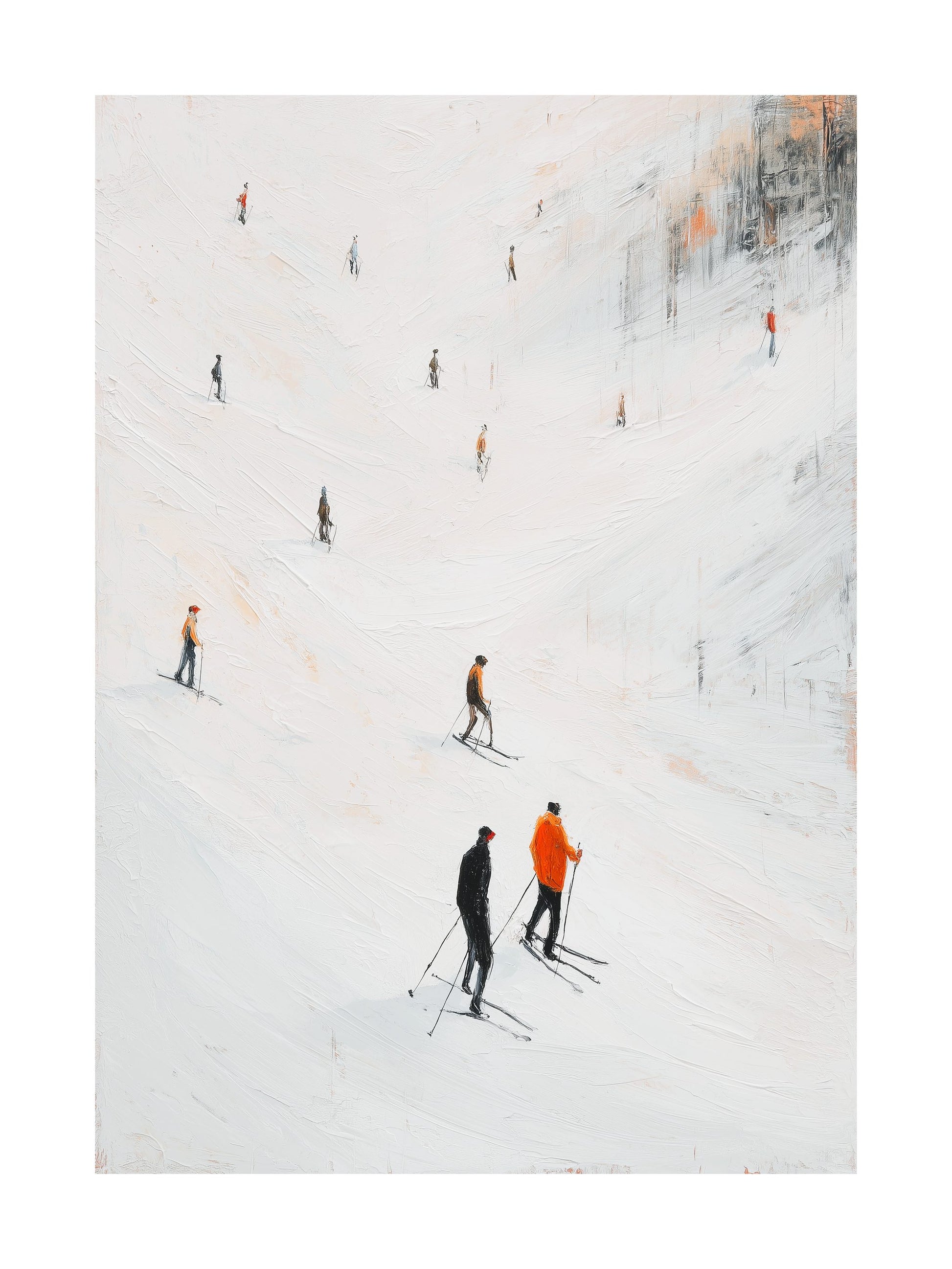 Vintage painting of skiers on a snowy slope wearing winter clothes.