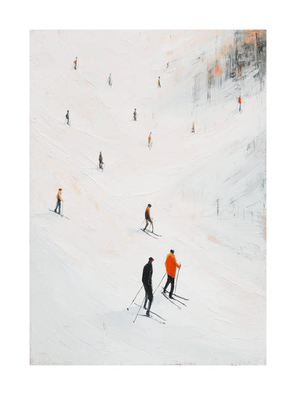 Vintage painting of skiers on a snowy slope wearing winter clothes.