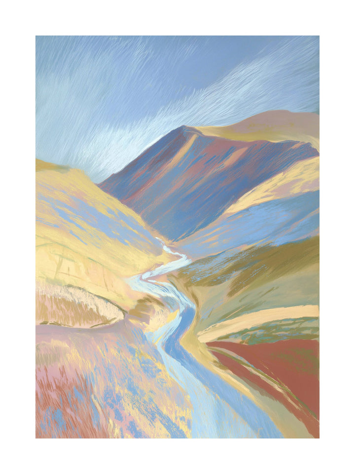 Abstract winding river through valley in blue and ochre tones
