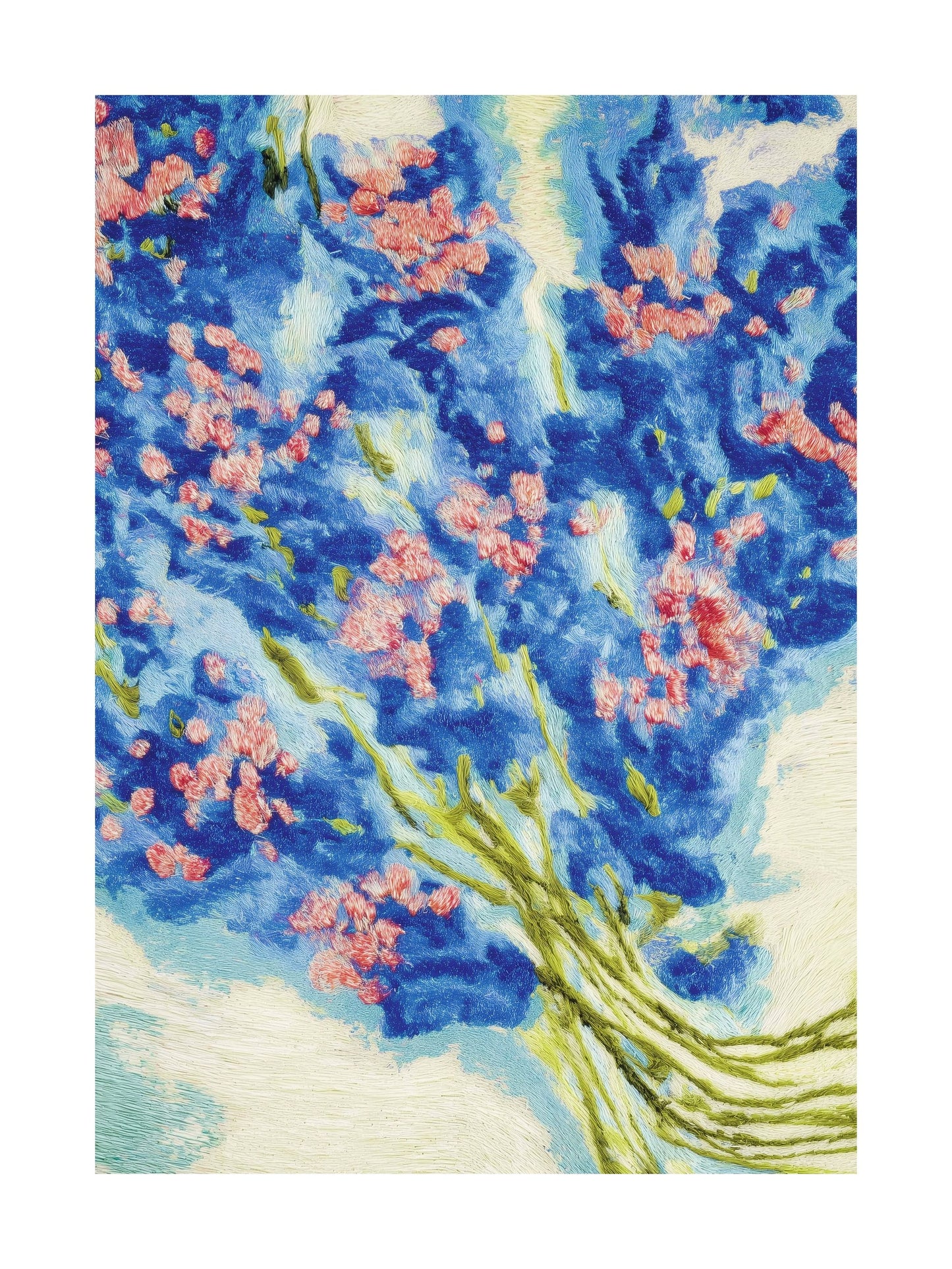 Blue and pink floral bouquet in a soft, detailed style