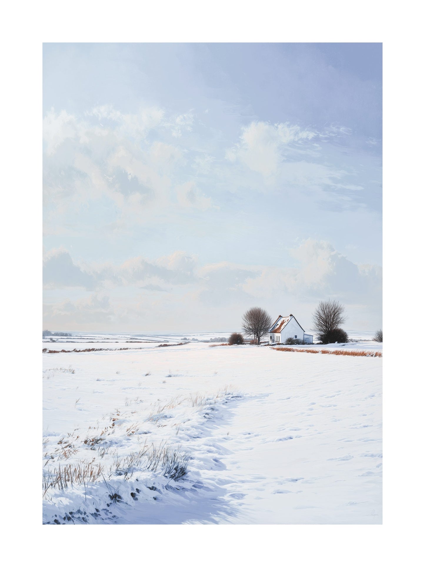 Snow-covered field with a small cottage under a bright blue winter sky.